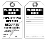 Maintenance Order, Pipefitting Repairs Required Self-Laminating Peel and Stick Safety Tag