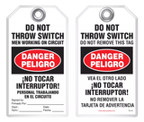 Bilingual Safety Tag - Danger, Peligro, Do Not Throw Switch, Men Working On Circuit, No Tocar Interruptor! (English/Spanish)