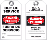 Lockout Safety Tag - Bilingual Safety Tag, Danger,  Out of Service, Peligro, Fuera De Servicio