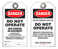 Maintenance Safety Tag - Danger, Men Working On Machinery, Hands Off This Equipment