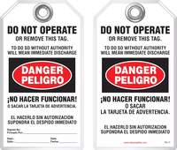 Bilingual Safety Tag - Danger, Peligro, Do Not Operate Or Remove This Tag, No Hacer Funcionar (English/Spanish)
