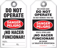 Bilingual Safety Tag - Danger, Peligro, Do Not Operate, No Hacer Funcionar! (English/Spanish)