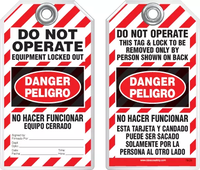 Bilingual Safety Tag - Danger, Peligro, Do Not Operate, Equipment Locked Out By, No Hacer Funcionar (English/Spanish)