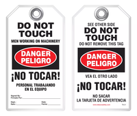 Bilingual Safety Tag - Danger, Peligro, Do Not Touch, Men Working On Machinery, No Tocar! Personal Trabajando En El Equipo (English/Spanish)