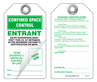 Confined Space Control, Entrant Self-Laminating Peel and Stick Safety Tag  