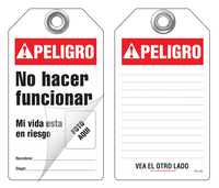 Peligro, No Hacer Funcionar, Mi Vida Esta A Riesgo Self-Laminating Peel and Stick Safety Tag (Spanish, Ansi)