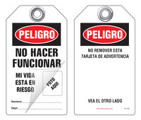 Peligro Bilingual Self-Laminating Peel and Stick Tag, No Hacer Funcionar, Mi Vida Esta A Riesgo   (Spanish)