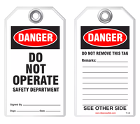 Lockout Safety Tag - Danger, Do Not Operate, Safety Department