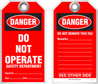 Lockout Safety Tag - Danger, Do Not Operate, Safety Department (Red Background)