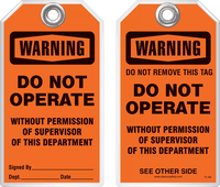 Warning Tag - Warning, Do Not Operate Without Permission Of Supervisor Of This Department