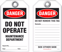 Lockout Safety Tag - Danger, Do Not Operate, Maintenance Department