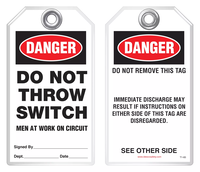 Lockout Safety Tag - Danger, Do Not Throw Switch, Men At Work On Circuit