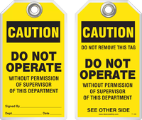 Warning Tag - Caution, Do Not Operate Without Permission Of Supervisor Of This Department