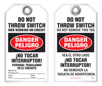 Bilingual Safety Tag - Danger, Peligro, Do Not Throw Switch, Men Working On Circuit, No Tocar Interruptor! (English/Spanish)