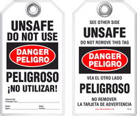 Bilingual Safety Tag - Danger, Peligro, Unsafe, Do Not Use, Peligroso, No Utilizar! (English/Spanish)