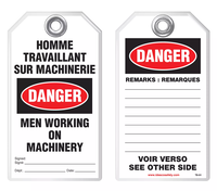 Bilingual Safety Tag - Danger, Homme Travaillant Sur Machinerie, Men Working On Machinery (English/French)