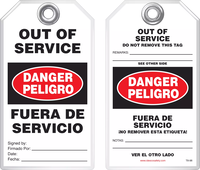 Lockout Safety Tag - Bilingual Safety Tag, Danger,  Out of Service, Peligro, Fuera De Servicio