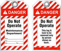 Lockout Safety Tag - Danger, Do Not Operate, Maintenance Department, (ANSI Header)