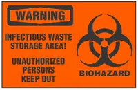 Warning Sign, Infectious Waste Storage Area! Unauthorized Persons Keep Out (With Symbol, Orange Background