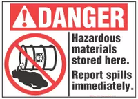 Danger Sign, Hazardous Materials Stored Here. Report Spills Immediately (With Symbol) 