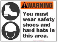 Warning Sign,  You Must Wear Safety Shoes And Hard Hats In This Area (With Symbol) 