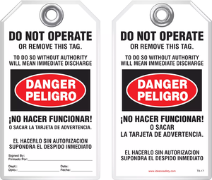 Bilingual Safety Tag - Danger, Peligro, Do Not Operate Or Remove This Tag, No Hacer Funcionar (English/Spanish)