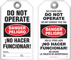 Bilingual Safety Tag - Danger, Peligro, Do Not Operate, No Hacer Funcionar! (English/Spanish)