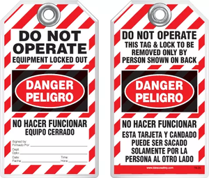 Bilingual Safety Tag - Danger, Peligro, Do Not Operate, Equipment Locked Out By, No Hacer Funcionar (English/Spanish)