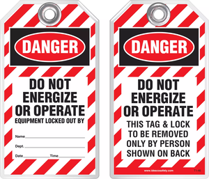 Lockout Safety Tag - Danger, Do Not Energize Or Operate, Equipment Locked Out By
