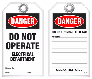 Lockout Safety Tag - Danger, Do Not Operate, Electrical Department