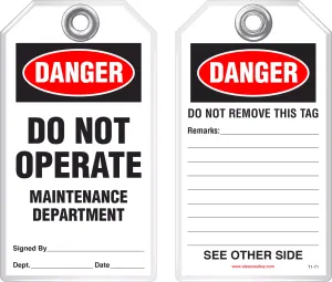 Lockout Safety Tag - Danger, Do Not Operate, Maintenance Department