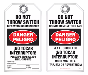 Bilingual Safety Tag - Danger, Peligro, Do Not Throw Switch, Men Working On Circuit, No Tocar Interruptor! (English/Spanish)