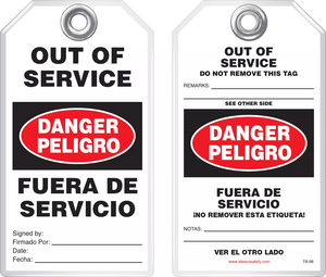 Lockout Safety Tag - Bilingual Safety Tag, Danger,  Out of Service, Peligro, Fuera De Servicio