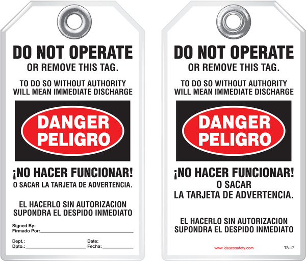 3-3/8 x 5-5/8 Idesco Safety Tag Pack of 10 Do Not Operate No Hacer Funcionar Idesco Safety T825A Bilingual Safety Tag English/Spanish Red and Black&White IDGKH 3-3/8 x 5-5/8 Danger Equipment Locked Out by Peligro 