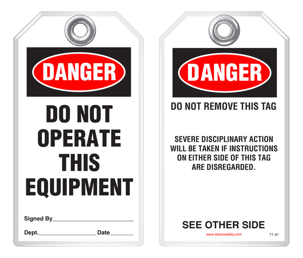 Do Not Operate 3-3/8 x 5-5/8 Tag IDGKH Idesco Safety T825A Bilingual Safety Tag Peligro Equipment Locked Out by Danger No Hacer Funcionar English/Spanish 3-3/8 x 5-5/8 Idesco Safety Pack of 10 Red and Black&White 